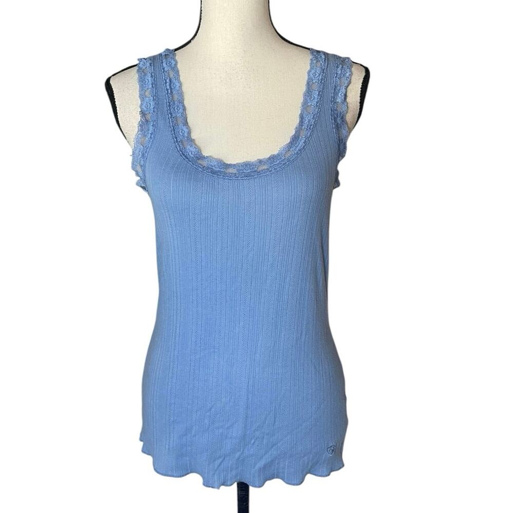 Ariat Pointelle Ribbed Lace Trim Blue Tank Large Coquette Y2K Feminine